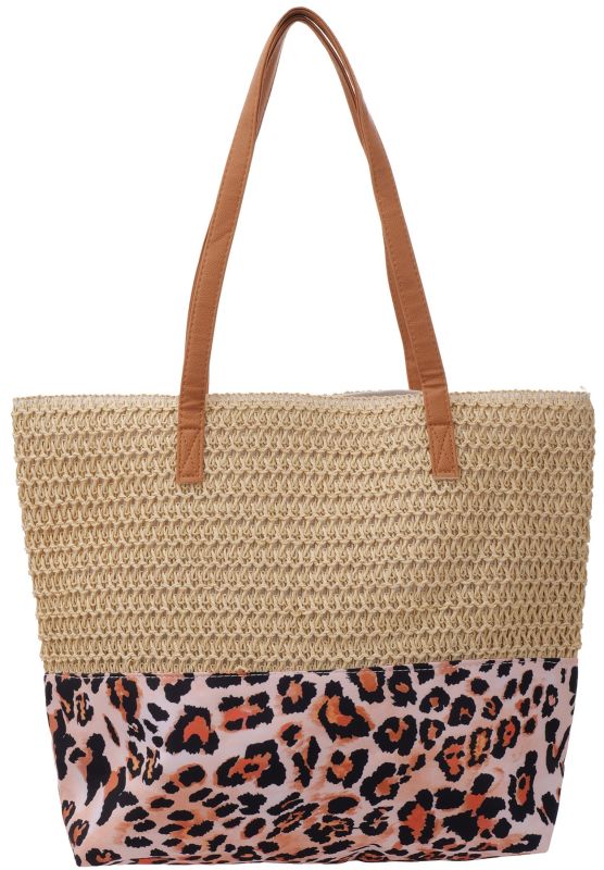 Strandtas geweven luipaardprint 47x36x13cm