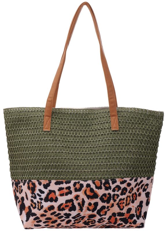 Strandtas geweven luipaardprint 47x36x13cm